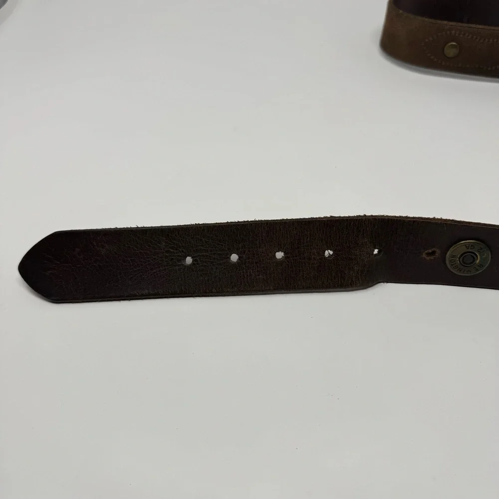 Remington 12 GA Shotgun Shell Dark Brown Leather Belt Brass Buckle Men’s‎ 42